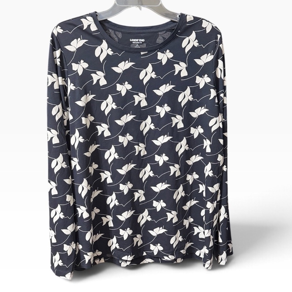 Lands End Relaxed Fit Top Womens L Navy Blue Supima Cotton Leaf Print Classic
